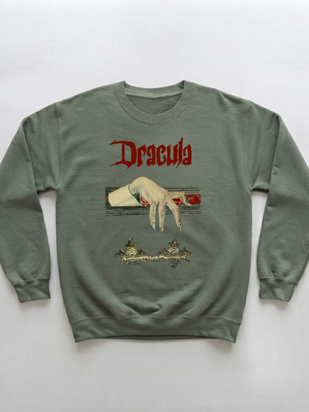 Military Green Dracula Graphic Sweatshirt with Red and Cream Art - Picture 1 of 3